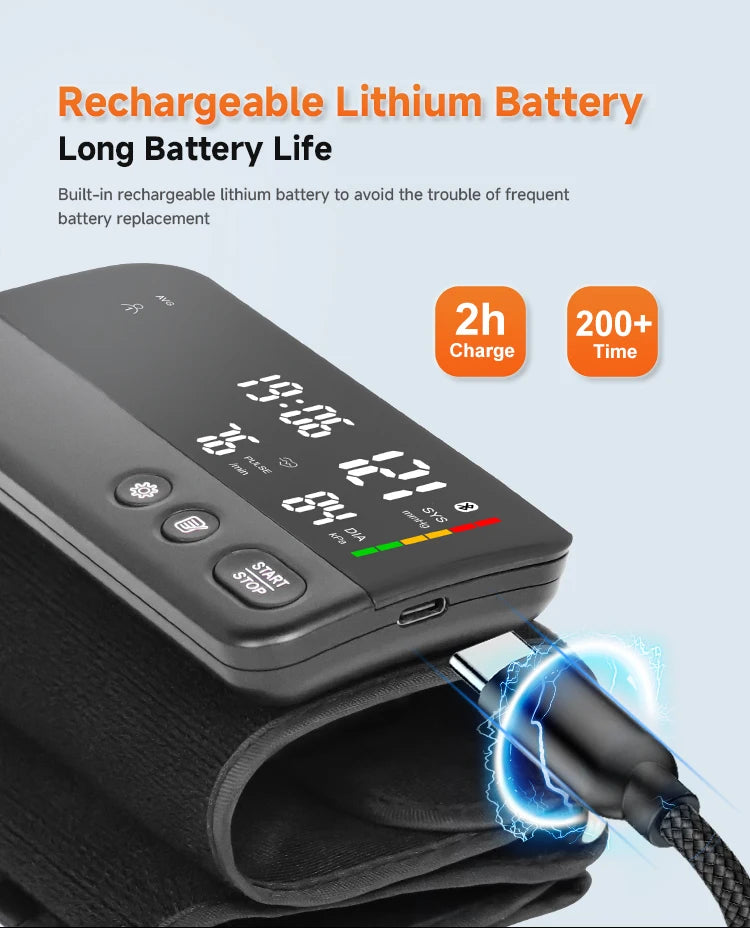 Victory Elite Bluetooth blood pressure monitor with large screen display, dual data storage, portable upper arm design.