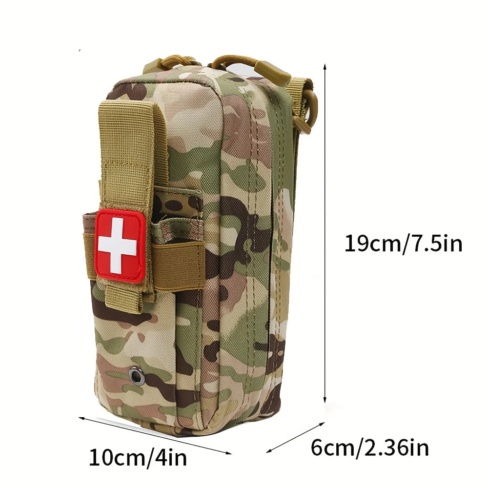 Victory Elite tactical first aid kit with tourniquet in a Molle pouch, designed for camping, hiking, and emergency rescue situations.