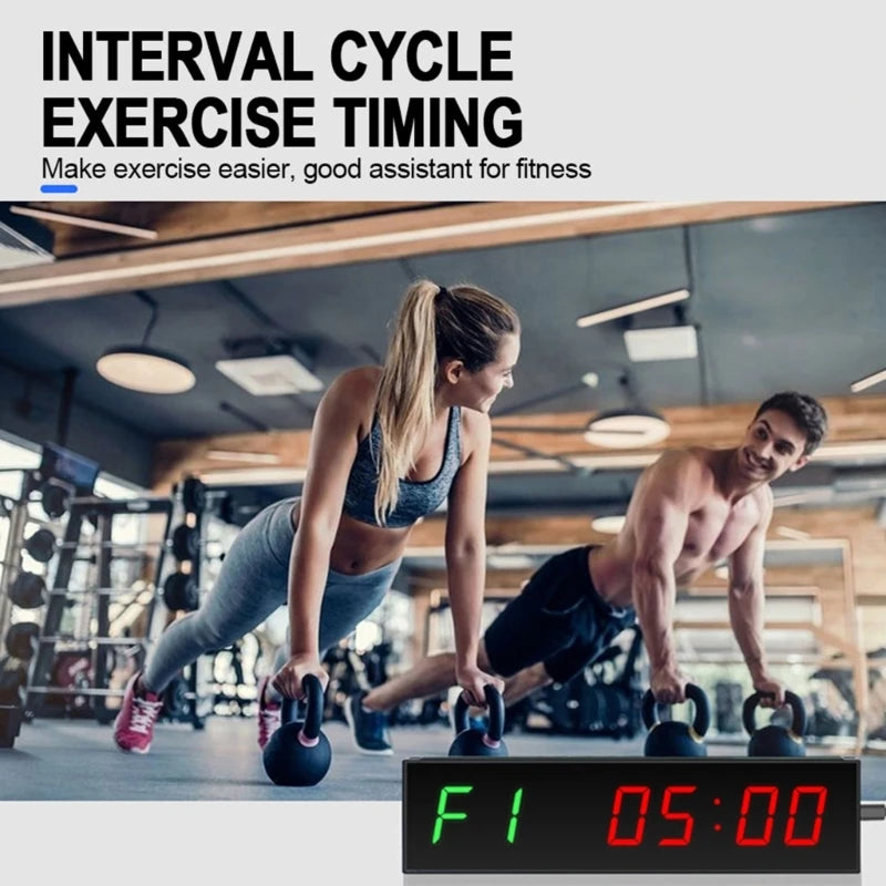 Victory Elite gym timer with clear LED display, interval countdown clock, stopwatch, and remote for wall-mounted workouts.