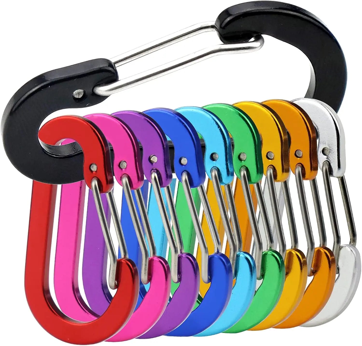 Set of 10 lightweight Victory Elite aluminum mini D-shape carabiner clips for keychains, climbing, fishing, and outdoor activities
