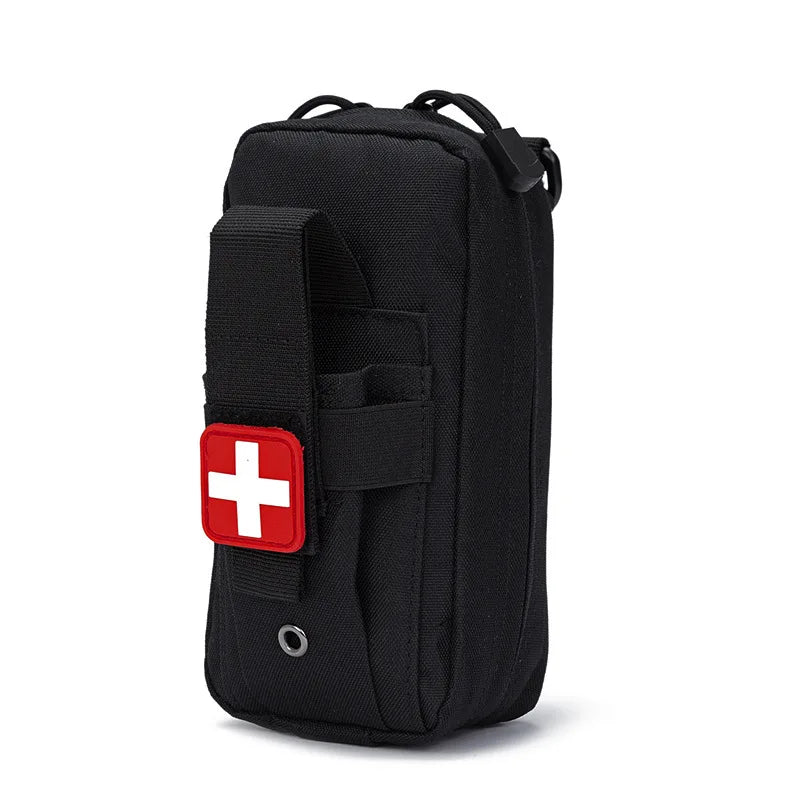 Victory Elite Tactical First Aid Kit with tourniquet in Molle pouch, ideal for camping, hiking, and emergency survival preparedness.