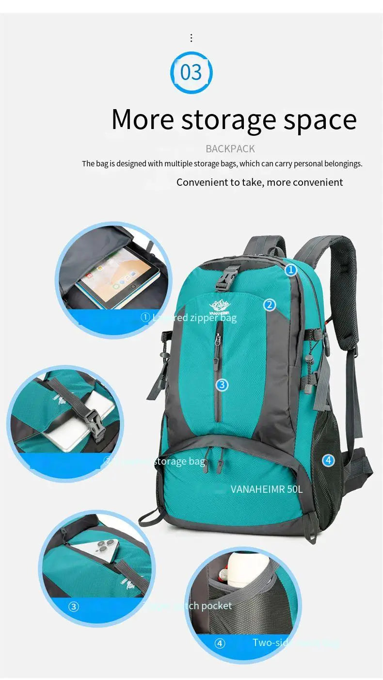 Victory Elite 50L outdoor hiking backpack with large capacity, double-shoulder straps, suitable for mountain climbing and camping.