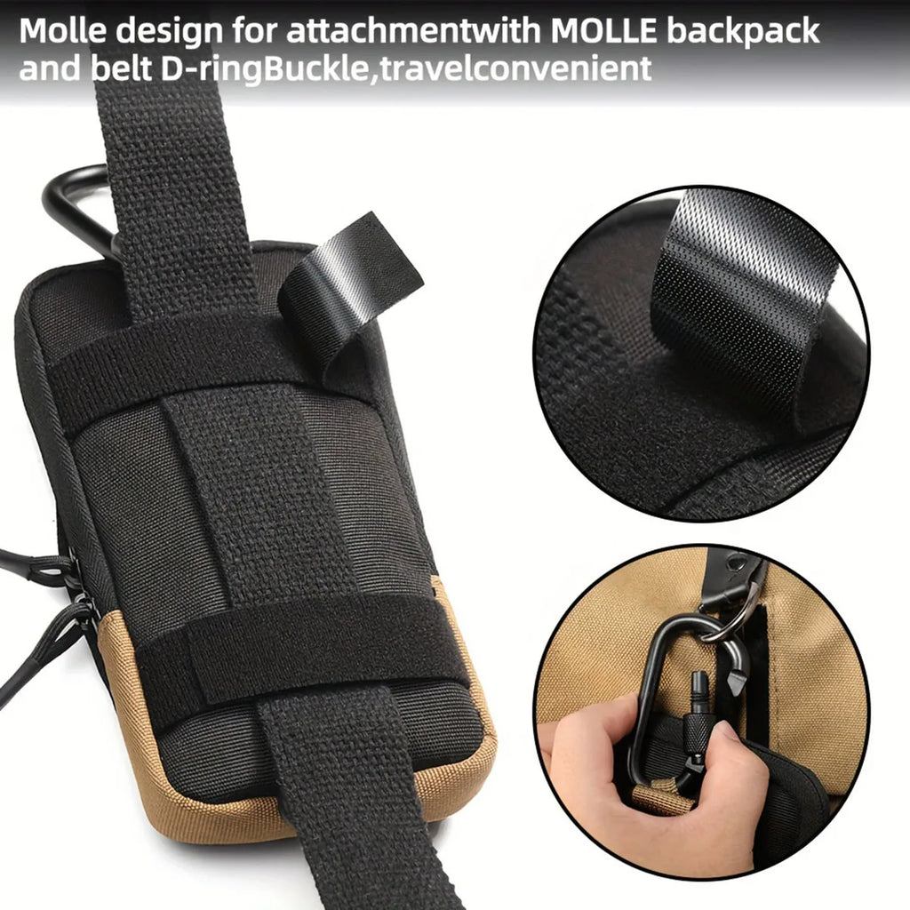 Victory Elite black outdoor mountaineering waist bag with multiple compartments and mobile phone pocket for hiking and outdoor activities.