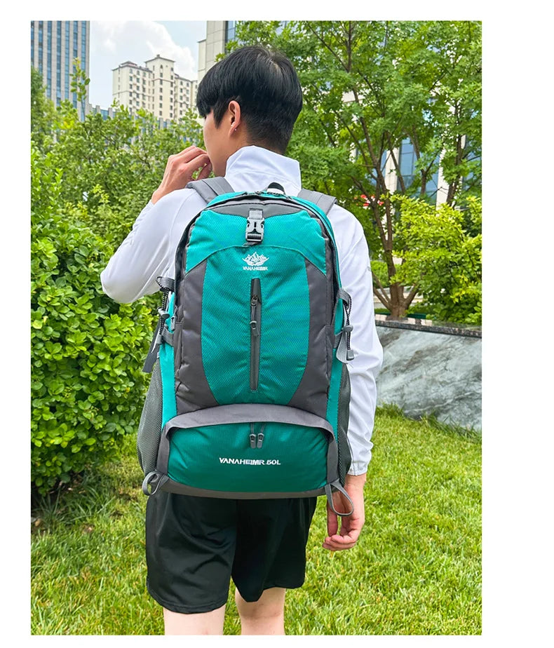 Victory Elite 50L outdoor hiking backpack with large capacity, double shoulder straps, ideal for mountain climbing and camping.