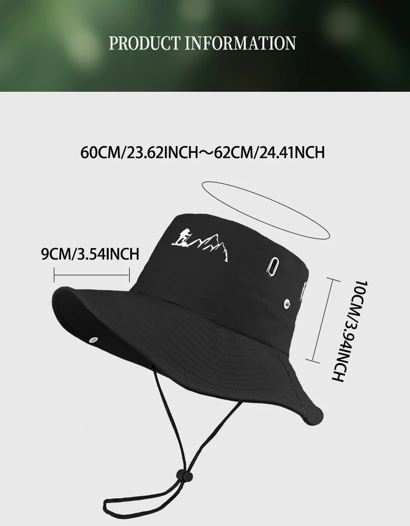 Victory Elite hiker and mountain print outdoor bucket hat with wide brim and drawstring for hiking and camping.
