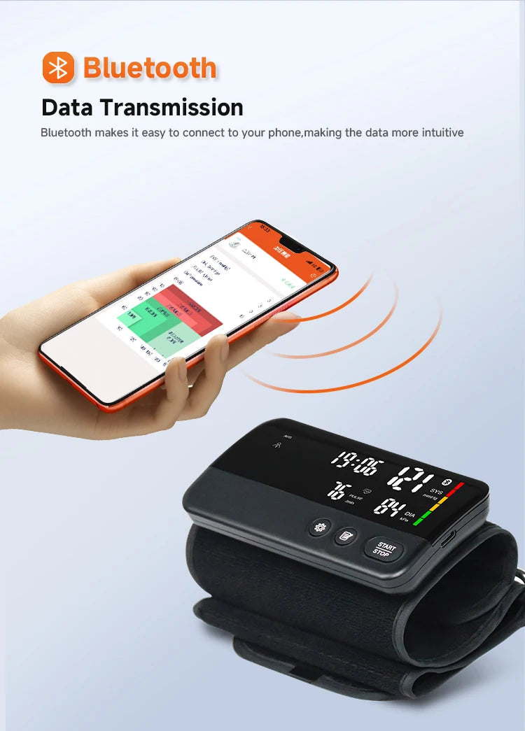 Victory Elite Bluetooth blood pressure monitor with large screen display, dual data storage, portable upper arm design.