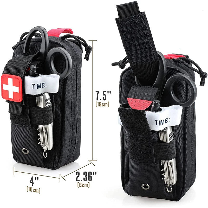 Victory Elite tactical first aid kit with tourniquet in Molle pouch, suitable for camping, hiking, and emergency medical rescue gear.