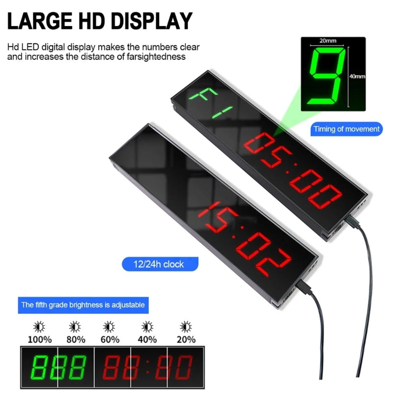 Victory Elite gym timer with clear LED display, interval countdown clock, wall-mounted stopwatch, and remote control for workouts.