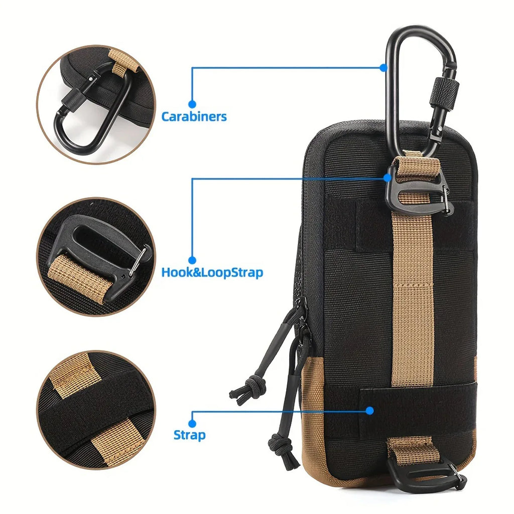 Victory Elite black outdoor mountaineering waist bag with multiple compartments, suitable for hiking and outdoor activities.