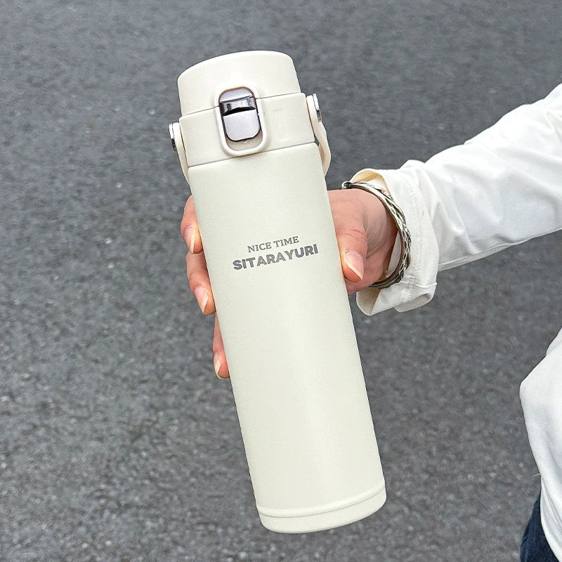Victory Elite stainless steel vacuum flask with 500ml capacity, pop-up lid, wide handle, insulated outdoor sports bottle.
