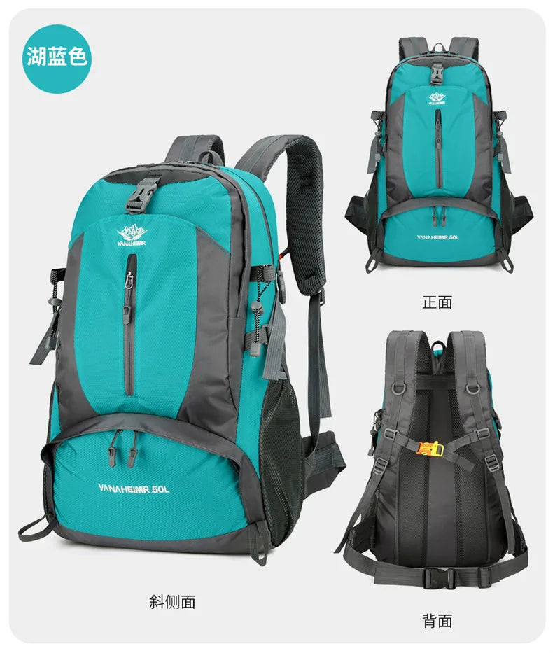 Victory Elite 50L outdoor hiking backpack with large capacity, double shoulder straps, ideal for mountain climbing and camping.