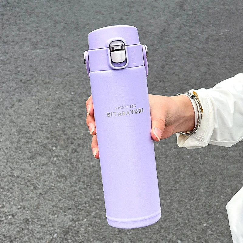 Victory Elite stainless steel vacuum flask, 500ml insulated sports bottle with wide handle for outdoor use and direct drinking.