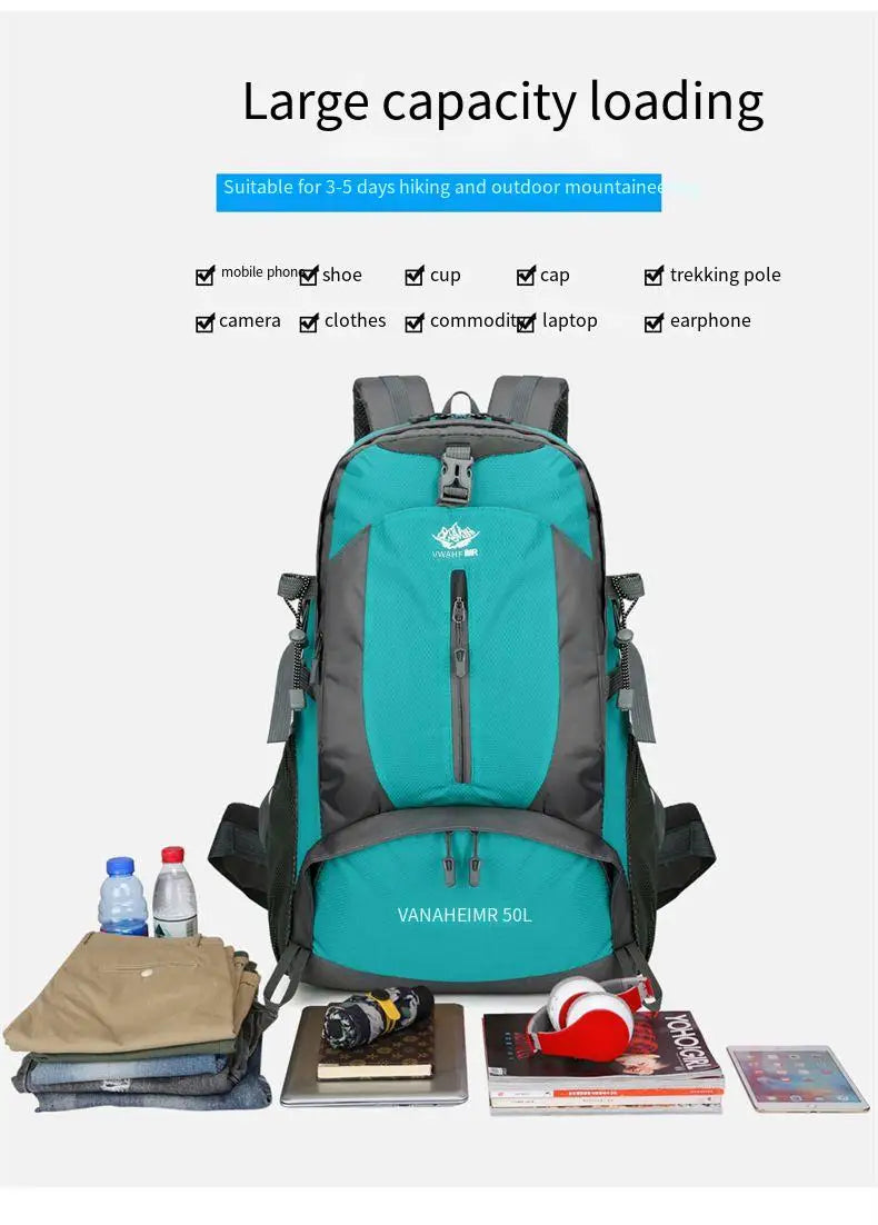 Victory Elite 50L outdoor hiking backpack with large capacity, double-shoulder straps, suitable for mountain climbing and camping.