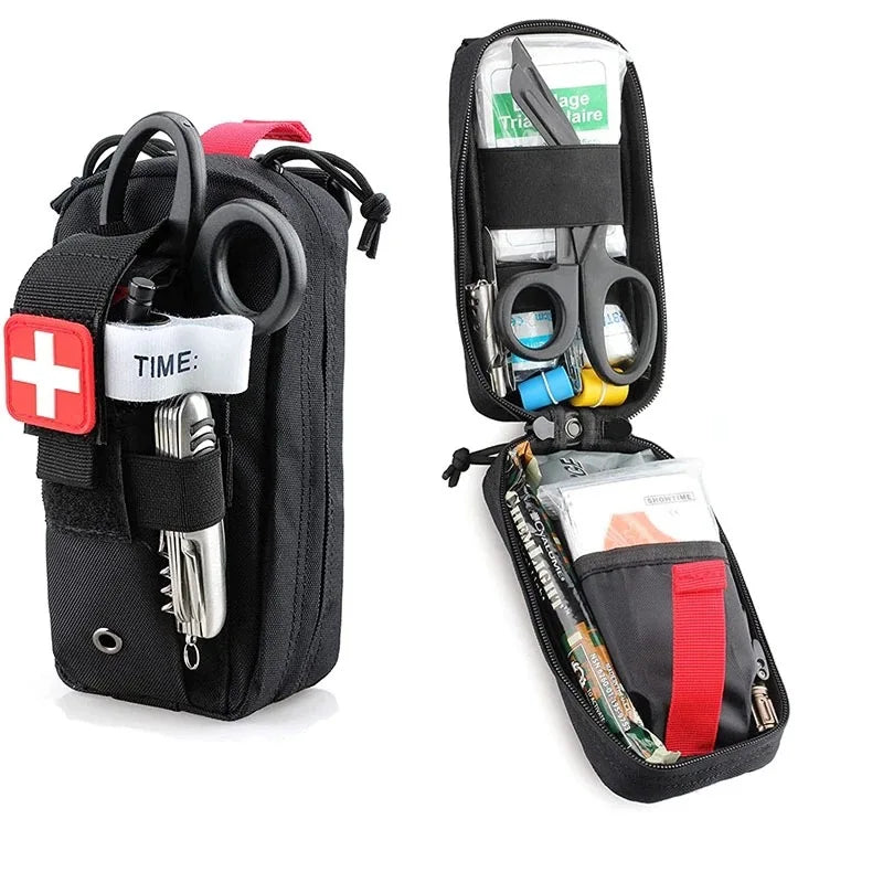 Victory Elite tactical first aid kit with tourniquet in Molle pouch for camping, hiking, and emergency medical rescue.