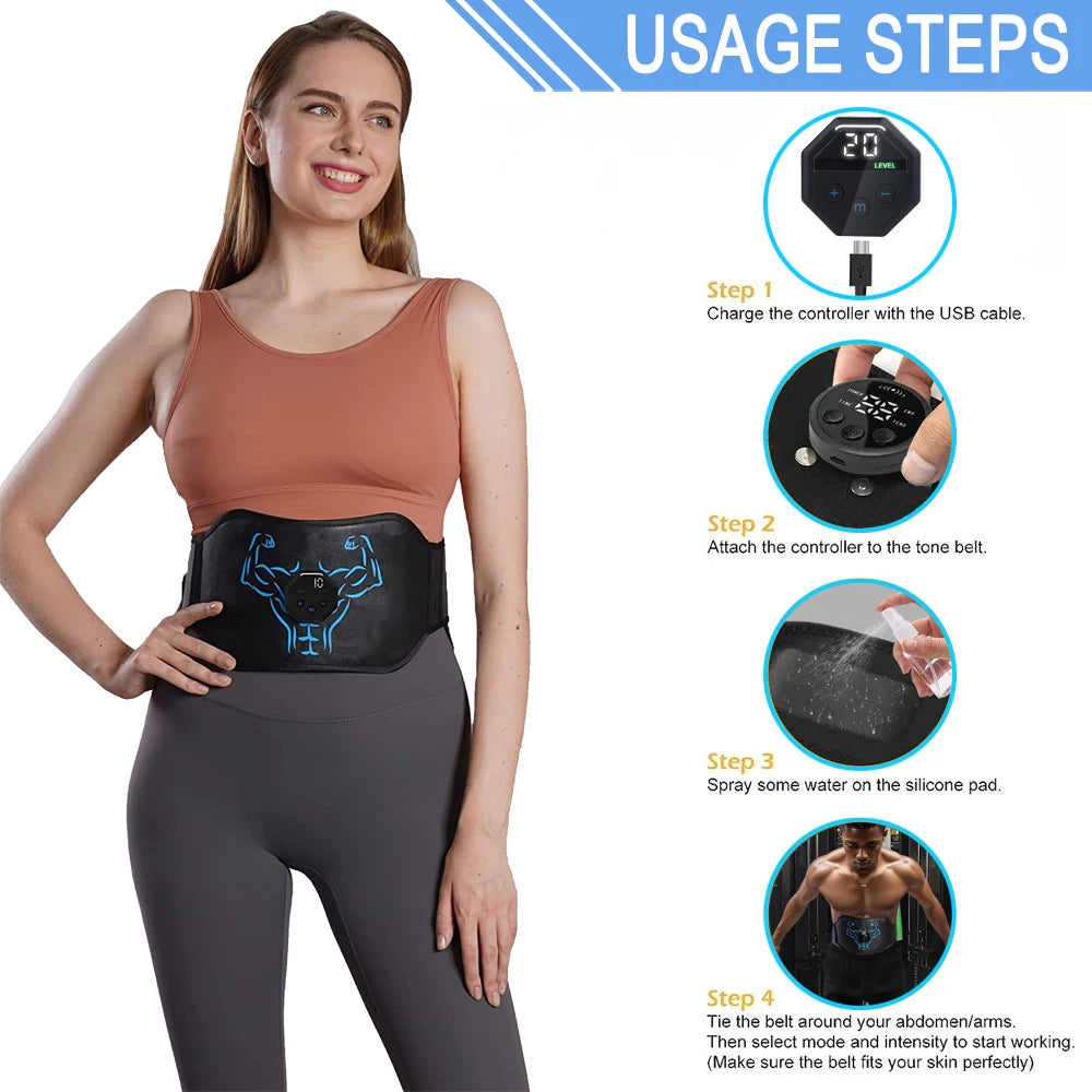 Victory Elite EMS abdominal toning belt for muscle stimulation and body slimming, designed for home fitness waist training.