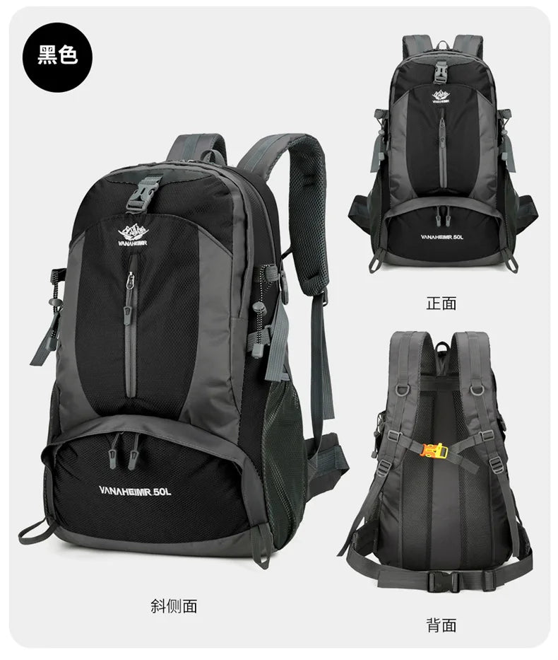 Victory Elite 50L outdoor hiking backpack with large capacity, double shoulder straps, ideal for mountain climbing and camping.