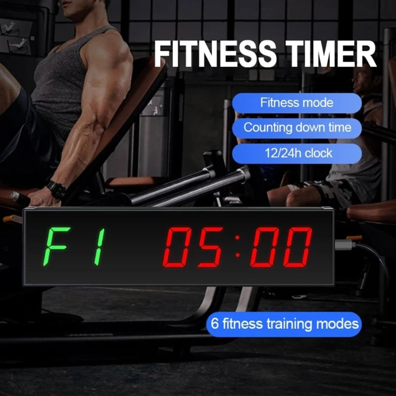 Victory Elite gym timer with clear LED display, interval countdown/up stopwatch, wall-mounted design, and remote control for workouts.