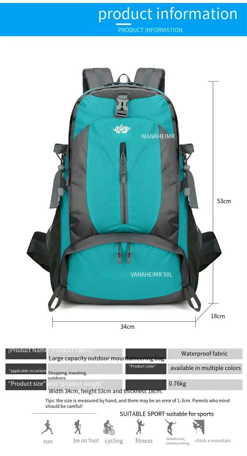 Victory Elite 50L outdoor hiking backpack with large capacity, double shoulder straps, ideal for mountain climbing and camping.