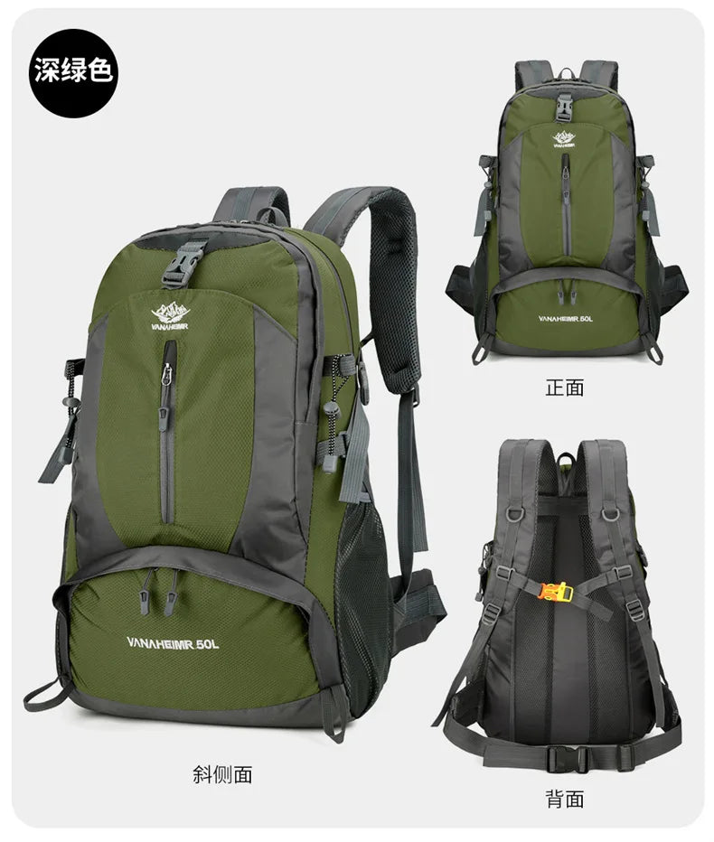 Victory Elite 50L outdoor hiking backpack with large capacity, double shoulder straps, suitable for mountain climbing and camping.