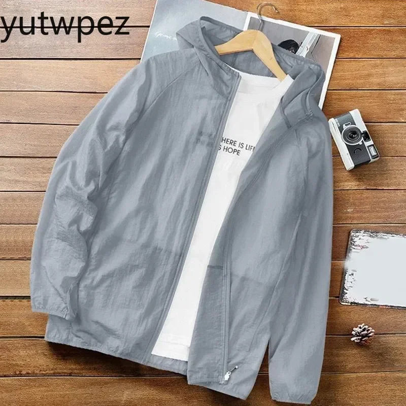 Victory Elite men's outdoor hiking jacket with hood, breathable quick-dry fabric, UV protection, and loose casual fit for summer activities.