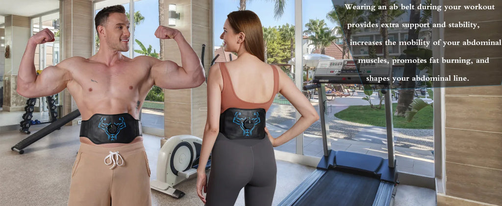Victory Elite EMS abdominal toning belt showing a sleek black electric muscle stimulator on a user's waist for muscle toning and slimming.