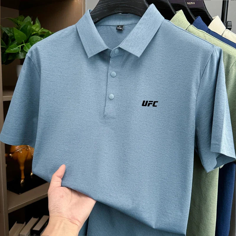 Victory Elite men's short sleeve polo shirt with brand letter print, breathable, casual summer top in solid color.