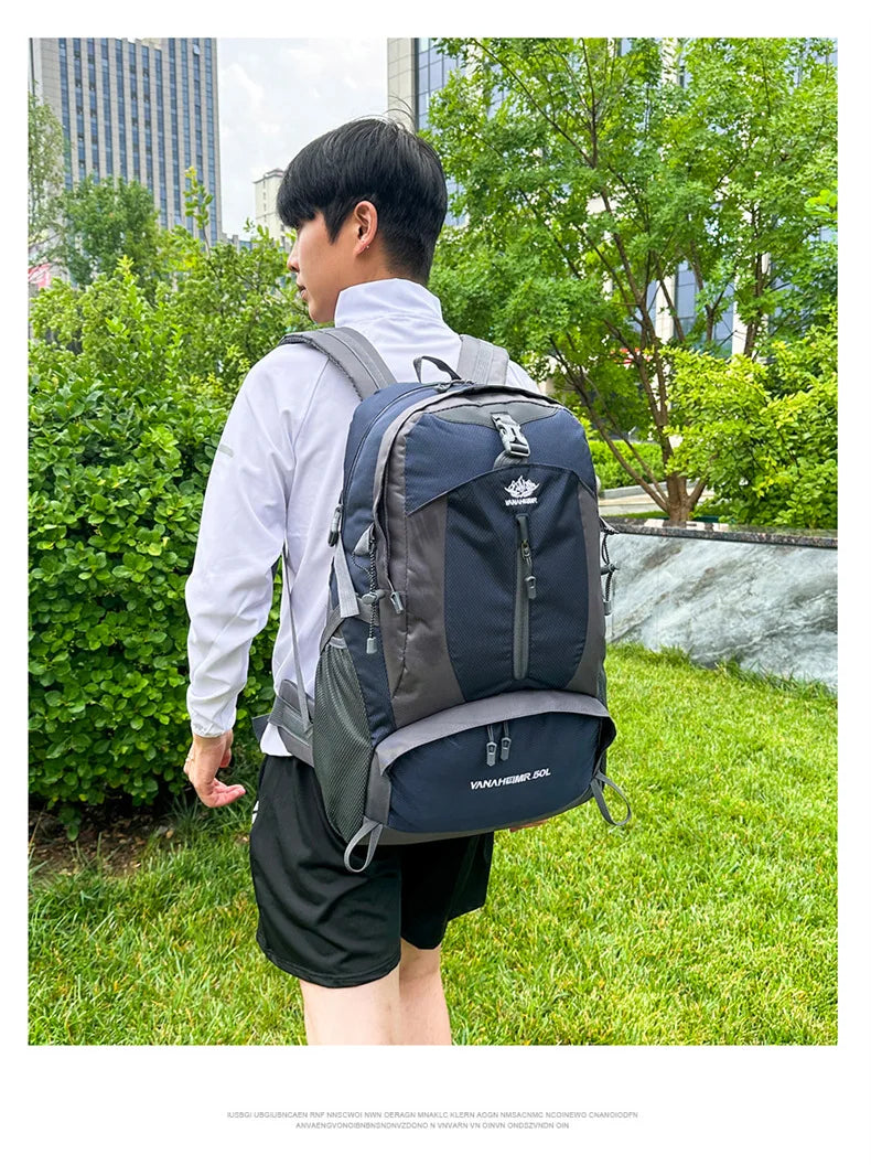 Victory Elite 50L outdoor hiking backpack with large capacity, double shoulder straps, ideal for mountain climbing and camping.