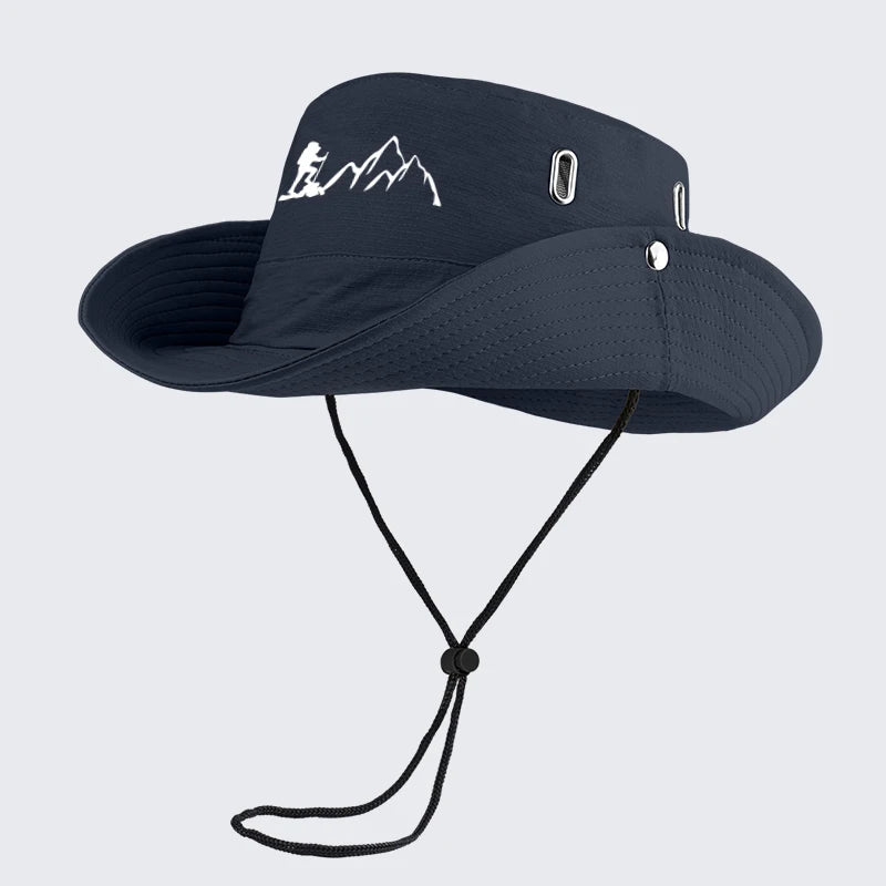 Hiker and Mountain Print Outdoor Bucket Hat: Wide-brimmed, breathable bucket hat with drawstring, perfect for hiking and camping