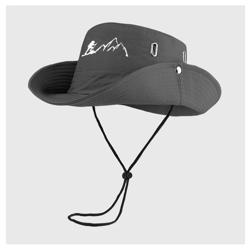Victory Elite hiker and mountain print outdoor bucket hat with wide brim, breathable fabric, and adjustable drawstring for hiking and camping.