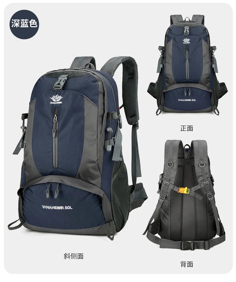 Victory Elite 50L outdoor hiking backpack with large capacity, double shoulder straps, ideal for mountain climbing and camping.