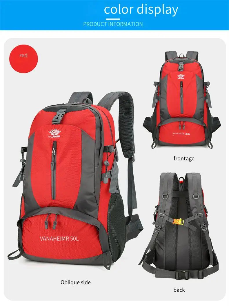 Victory Elite 50L outdoor hiking backpack with large capacity, double shoulder straps, suitable for mountain climbing and camping.