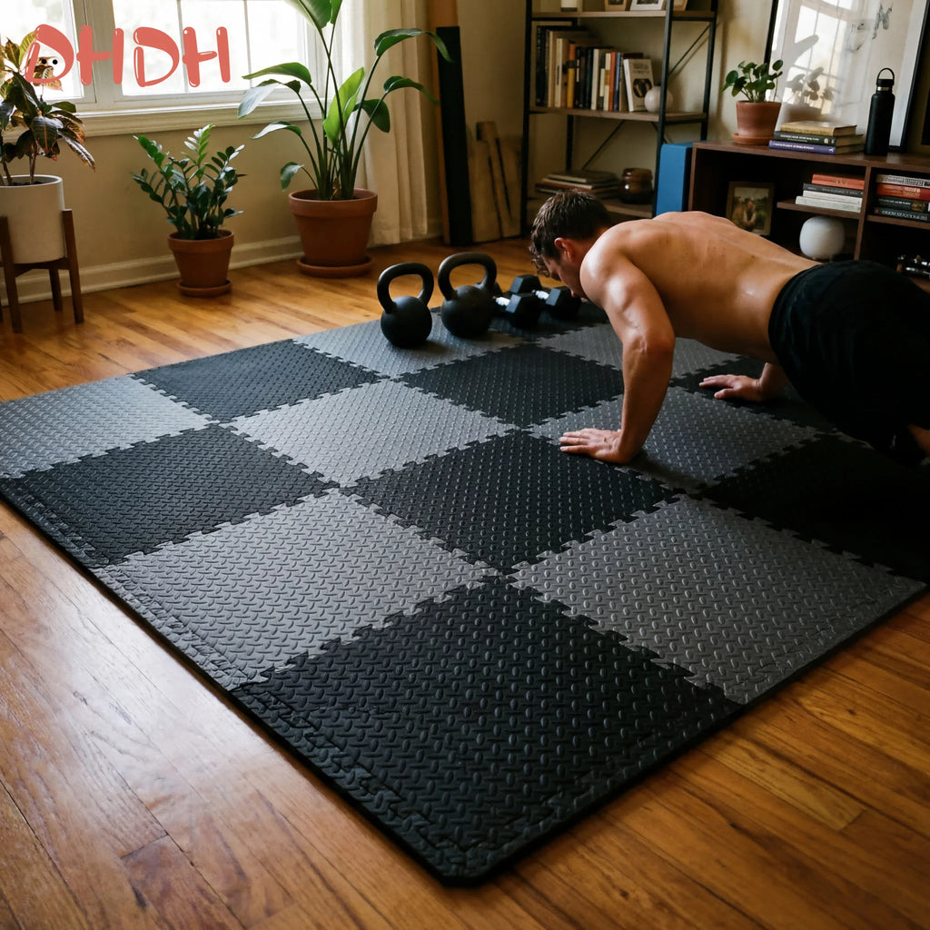 Victory Elite gym floor mat for home workouts, anti-slip rubber exercise mat with interlocking design, ideal for weightlifting and yoga