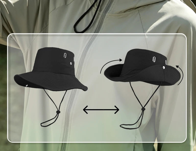 Victory Elite hiker and mountain print outdoor bucket hat with wide brim, breathable fabric, and drawstring for hiking and camping.