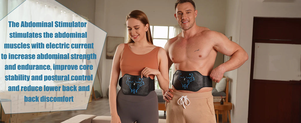 Victory Elite EMS abdominal toning belt with electric muscle stimulation, waist trainer, and body slimming massager for home fitness.