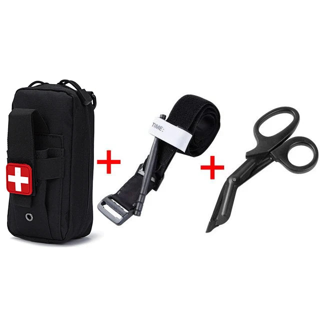 Victory Elite tactical first aid kit with tourniquet in Molle pouch, suitable for camping, hiking, and emergency rescue situations.