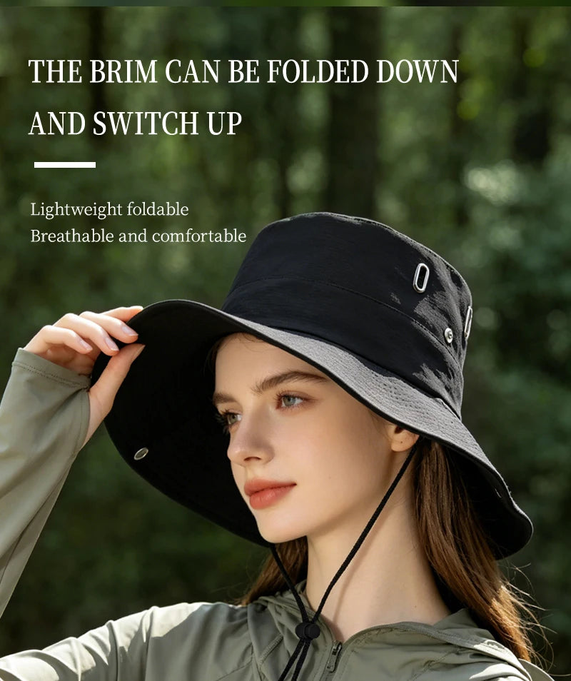 Victory Elite outdoor bucket hat with wide brim and drawstring, breathable for hiking and mountain adventures.