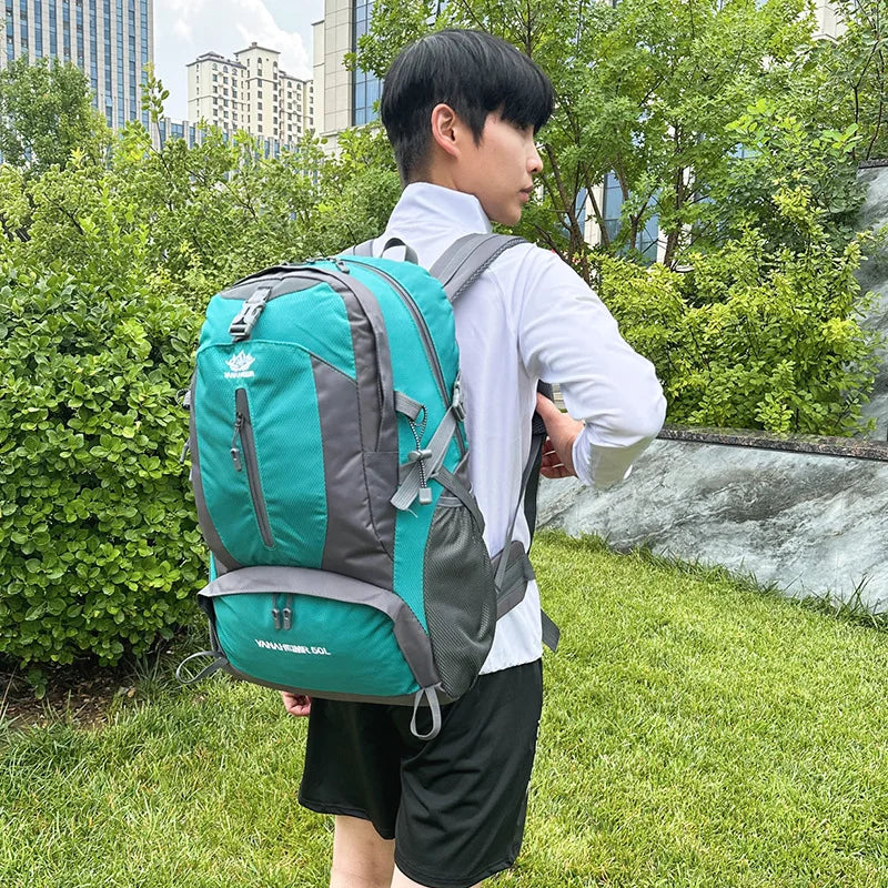 Victory Elite 50L outdoor hiking backpack with large capacity, double shoulder straps, ideal for mountain climbing and camping.