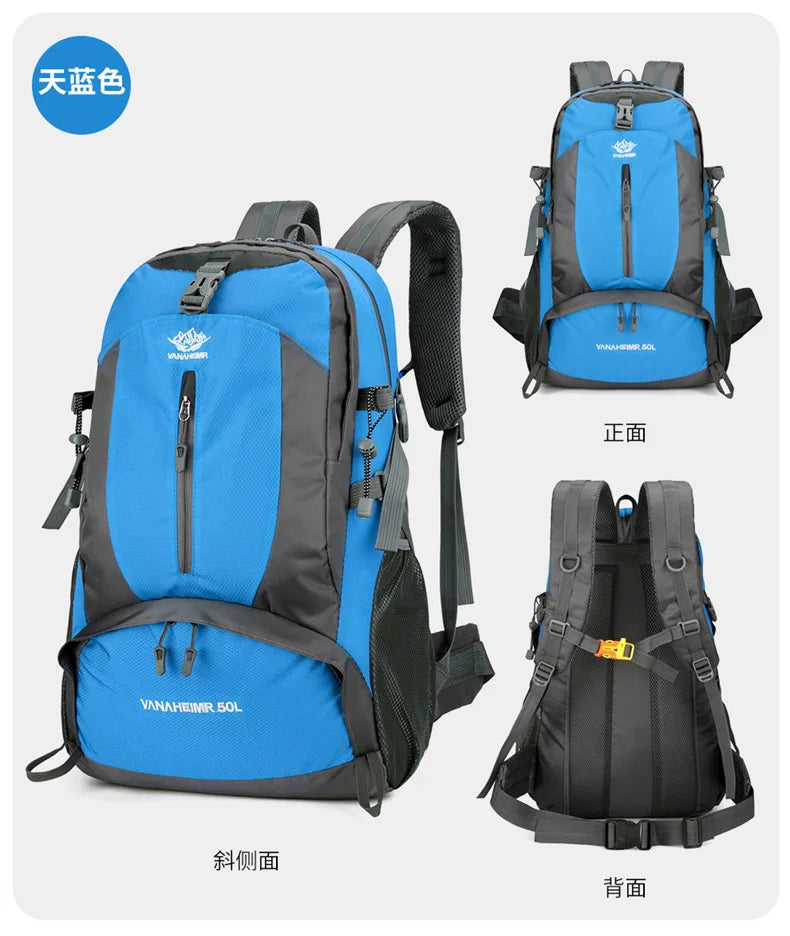 Victory Elite 50L outdoor hiking backpack with large capacity, double shoulder straps, suitable for mountain climbing and camping.