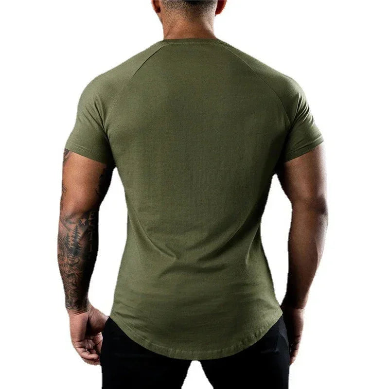 Victory Elite men's breathable cotton short sleeve jogging shirt, ideal for bodybuilding, fitness, and casual summer workouts.