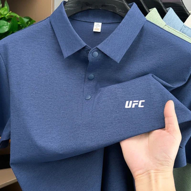 Victory Elite men's short sleeve polo shirt with letter print, breathable cotton fabric, casual solid color summer top.