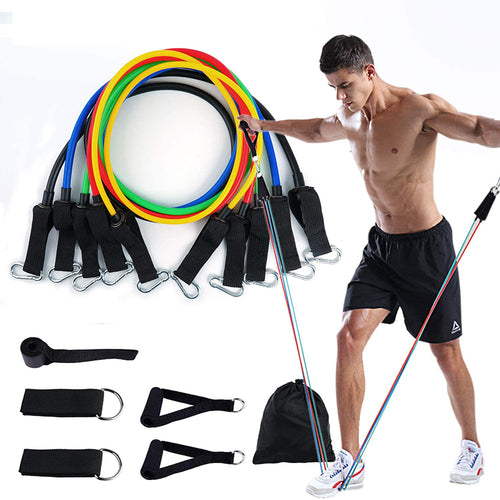 Victory Elite 11-piece fitness resistance band set with various elastic bands for strength training and exercise routines.