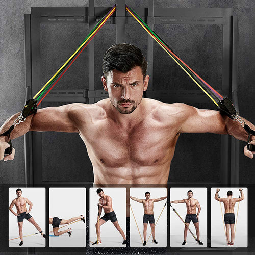 Victory Elite 11-piece fitness resistance band set with colorful elastic bands for strength training and exercise routines.