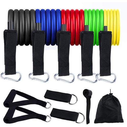 Victory Elite 11-piece fitness resistance band set with colorful elastic bands for strength training and exercise workouts.