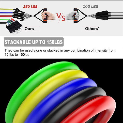 Victory Elite 11-piece fitness resistance band set with colorful elastic bands for strength training and stretching exercises.