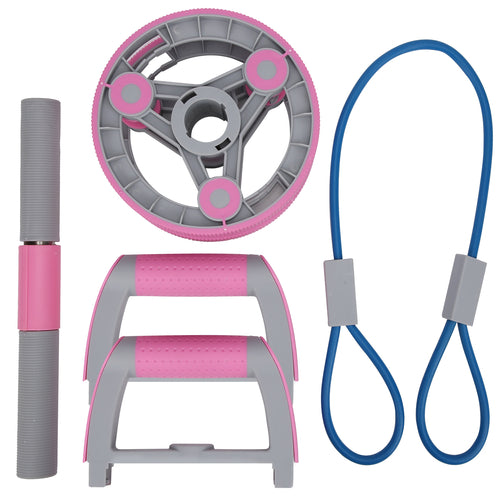 Victory Elite multifunctional abdominal wheel and pull strap set for gym fitness training, showing the workout equipment in use.