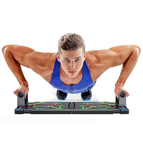 Victory Elite 9-in-1 push-up rack board system for fitness and workout training, showing various exercise positions and setup.